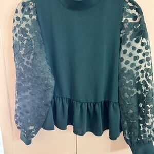 Zara Teal Blouse with Sheer Patterned Sleeves